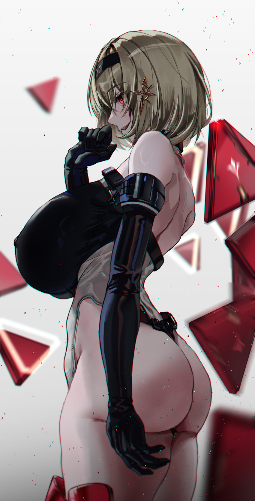 1girl, absurdres, ass, bare_shoulders, black_gloves, black_leotard, blonde_hair, breasts