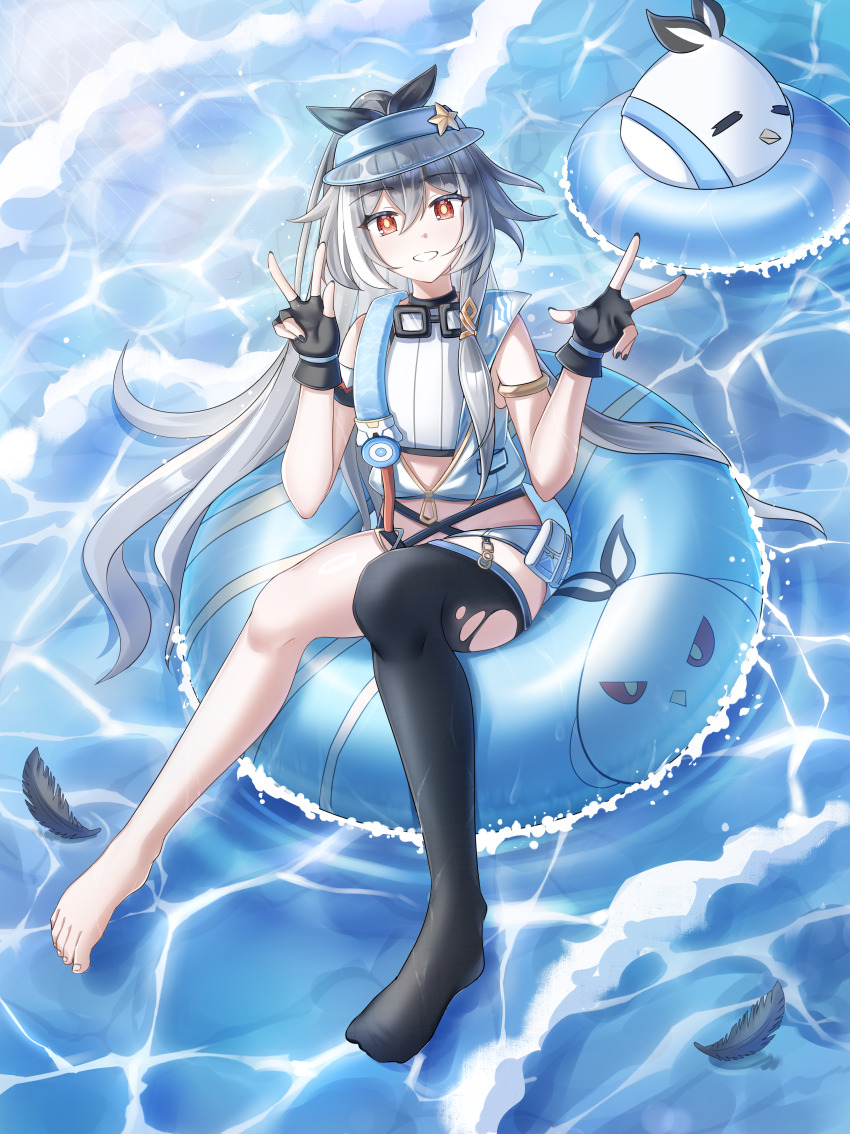 1girl, :d, absurdres, beach, black_gloves, black_hair, black_nails, black_thighhighs