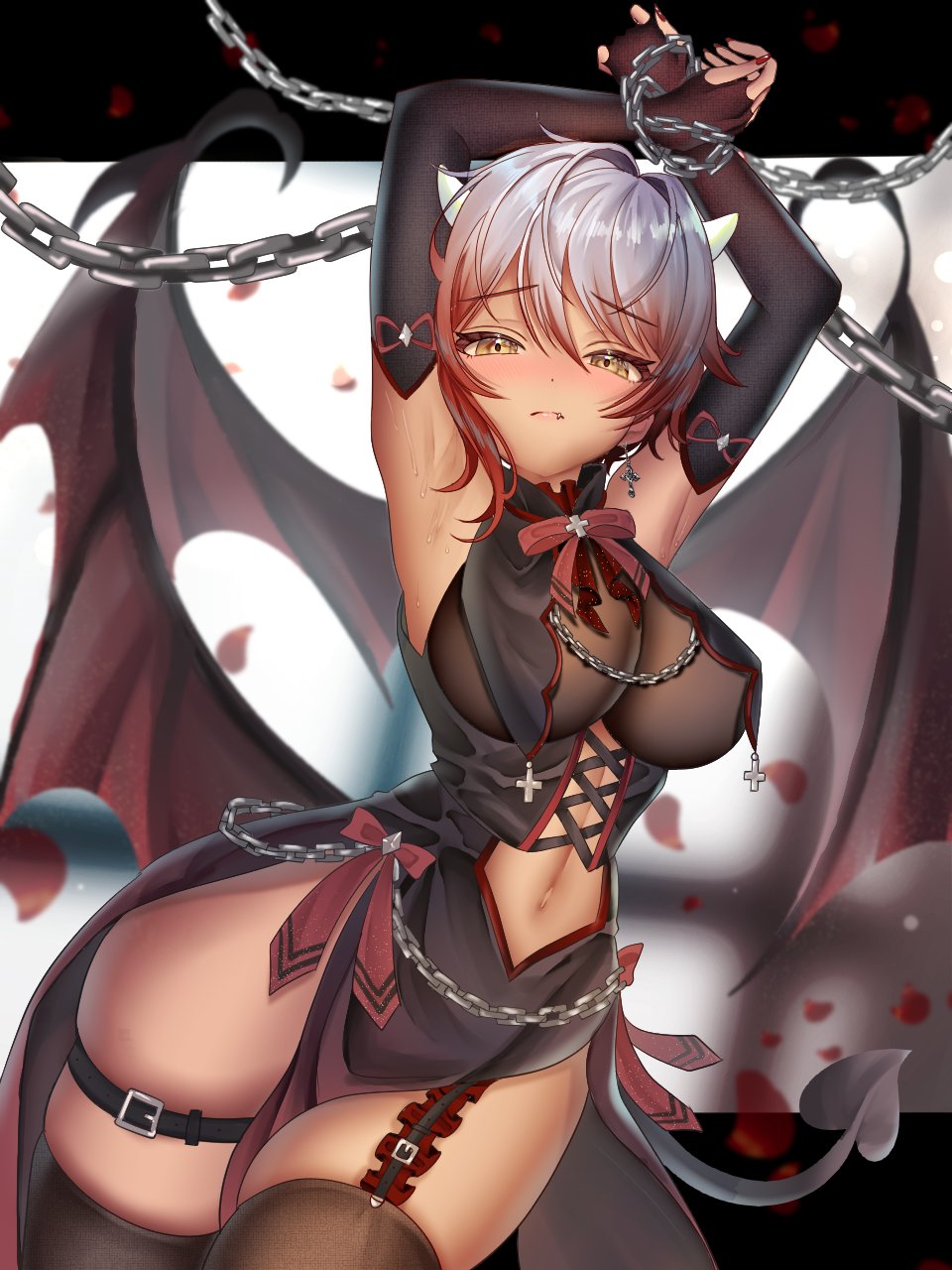 1girl, armpits, arms_up, belt, black_belt, blush, breast_curtains, breasts