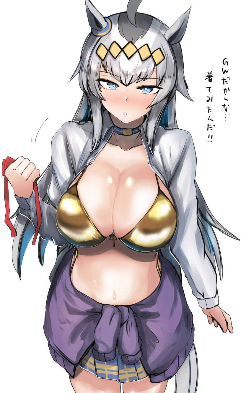 1girl, absurdres, ahoge, animal_ears, bikini, bikini_under_clothes, blue_eyes, blush