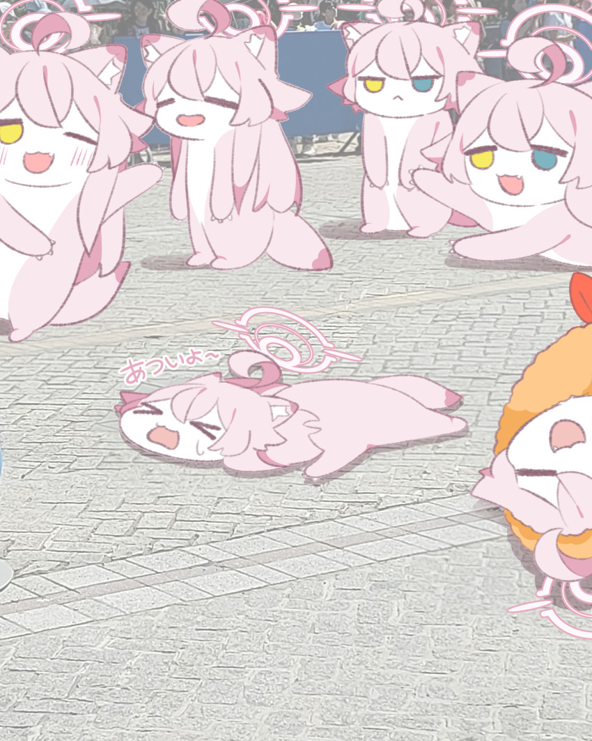 6+girls, absurdres, ahoge, blue_archive, blue_eyes, blush, clone, flattened, food, food_costume, fried_hoshino_(meme), hair_between_eyes, halo, heterochromia, highres, hoshino_(blue_archive), lattes2, long_hair, meme, multiple_girls, open_mouth, photo_background, pink_hair, pink_halo, shrimp, shrimp_tempura, smile, solo, tempura, tempura_costume, very_long_hair, yellow_eyes