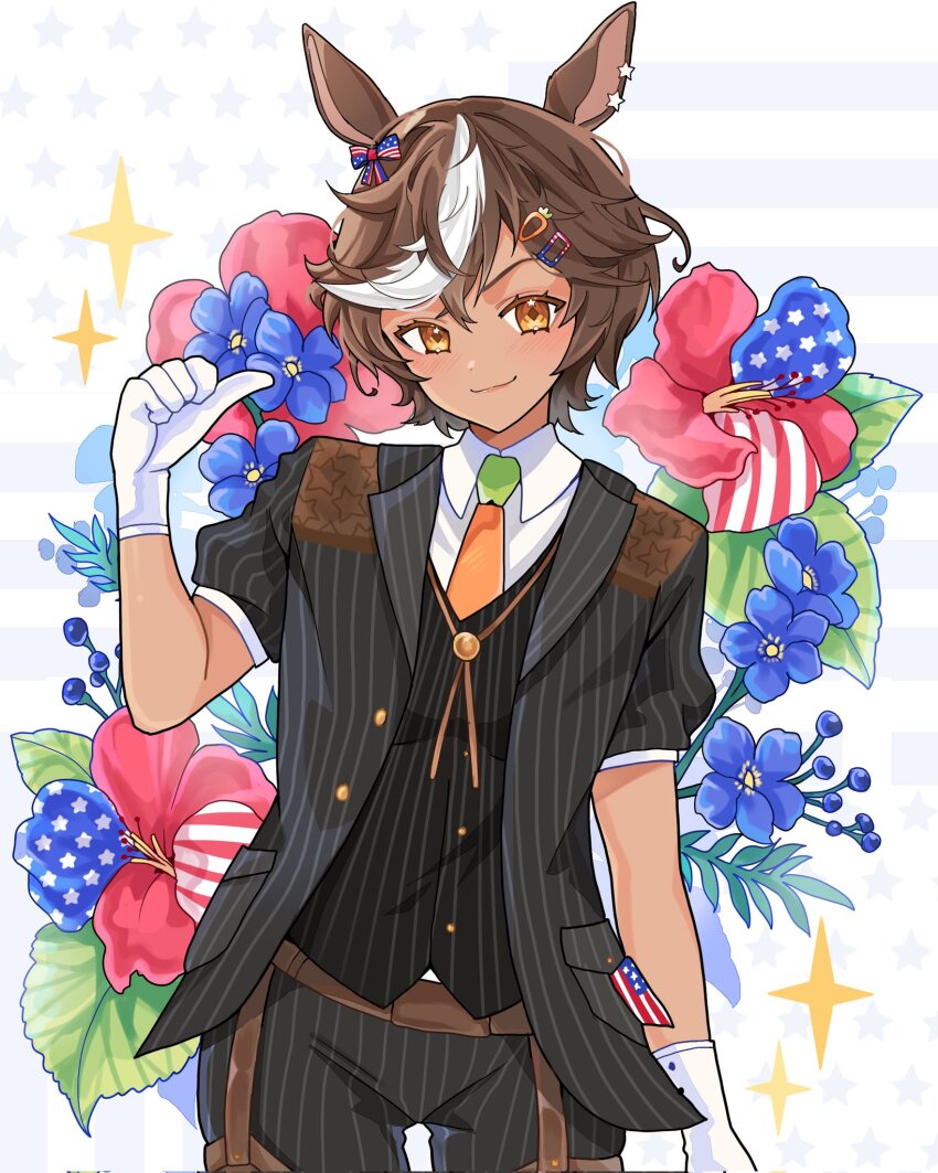 1girl, american_flag, american_flag_print, animal_ears, black_jacket, black_pants, black_vest, blue_flower