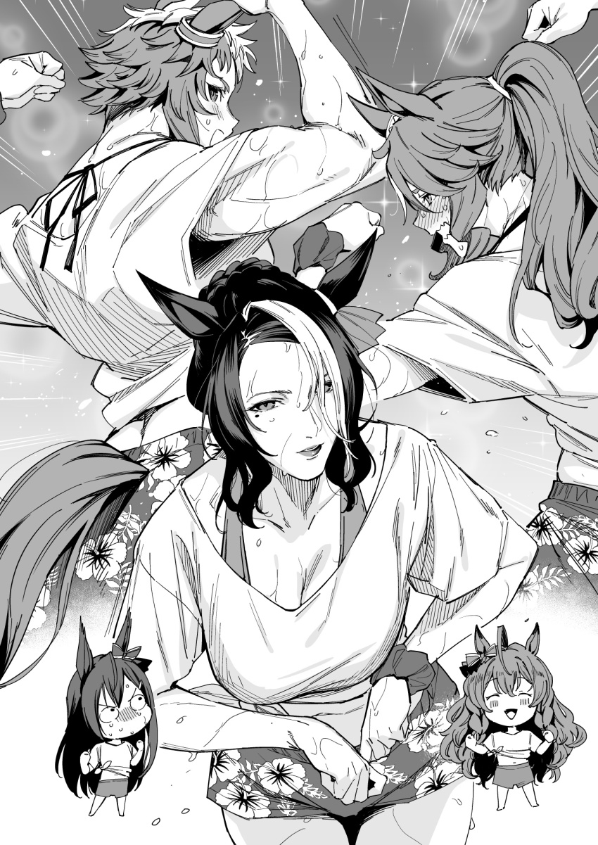 5girls, ahoge, alternate_costume, blush, breasts, chibi, embarrassed, gaze_on_me!_outfit_(umamusume)