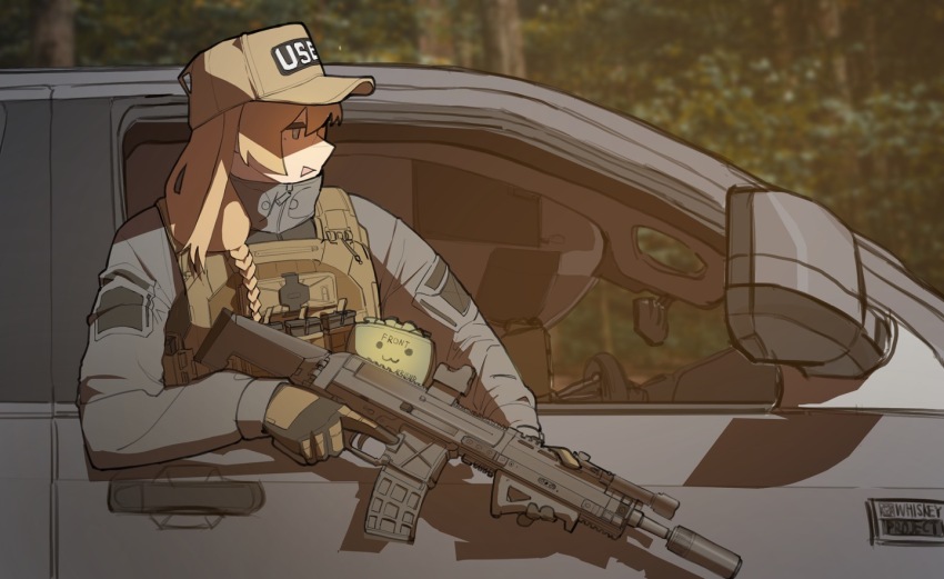 1girl, ahoge, assault_rifle, baseball_cap, blonde_hair, blue_eyes, braid, bulletproof_vest