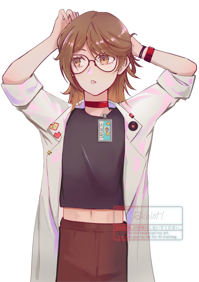 1girl, absurdres, adjusting_hair, alternate_costume, arm_up, artist_name, black_shirt, bracelet