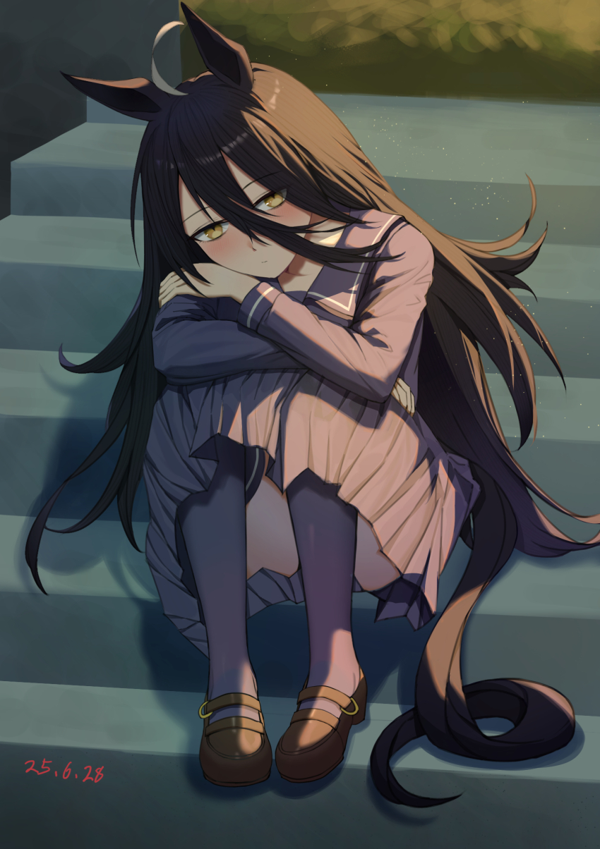 1girl, :/, ahoge, animal_ears, black_hair, blush, closed_mouth, crossed_arms