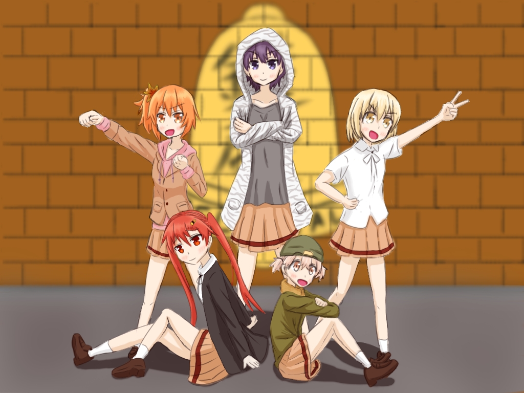 5girls, bellwall_(logo), bellwall_school_uniform, black_jacket, black_skirt, blonde_hair, brick_wall, brown_eyes