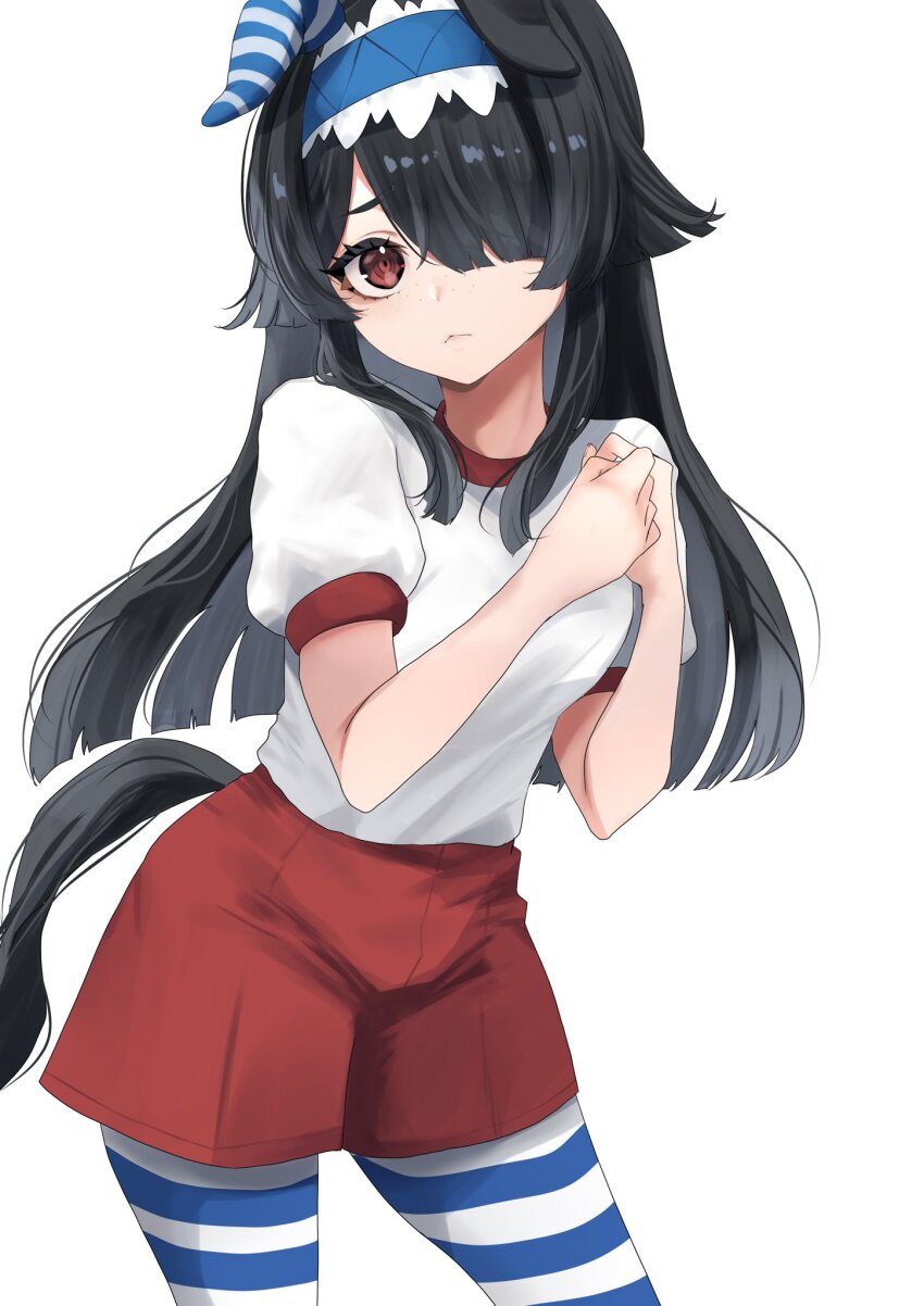 1girl, :<, alternate_costume, animal_ears, black_hair, breasts, brown_eyes, closed_mouth, commentary_request, freckles, hair_between_eyes, hair_ornament, highres, horse_ears, kraft_univa_(umamusume), looking_at_viewer, own_hands_together, pantyhose, shirt, shorts, simple_background, small_breasts, solo, toa510, umamusume, umamusume:_cinderella_gray, white_background