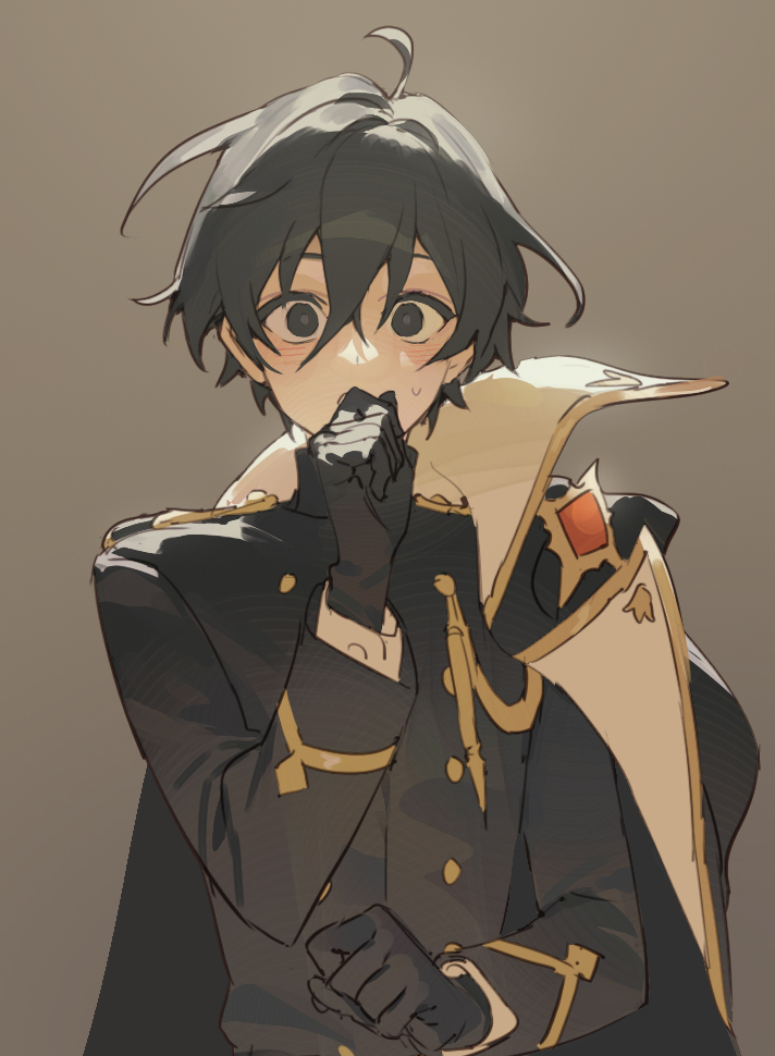 1boy, black_eyes, black_gloves, black_hair, black_jacket, blush, brown_background, coat, coat_on_shoulders, commentary_request, fhemfmsrpwjd, gloves, hair_between_eyes, hand_to_own_mouth, jacket, korean_commentary, long_sleeves, looking_at_viewer, lord_(lord_of_heroes), lord_of_heroes, male_focus, male_lord_(lord_of_heroes), simple_background, solo, upper_body