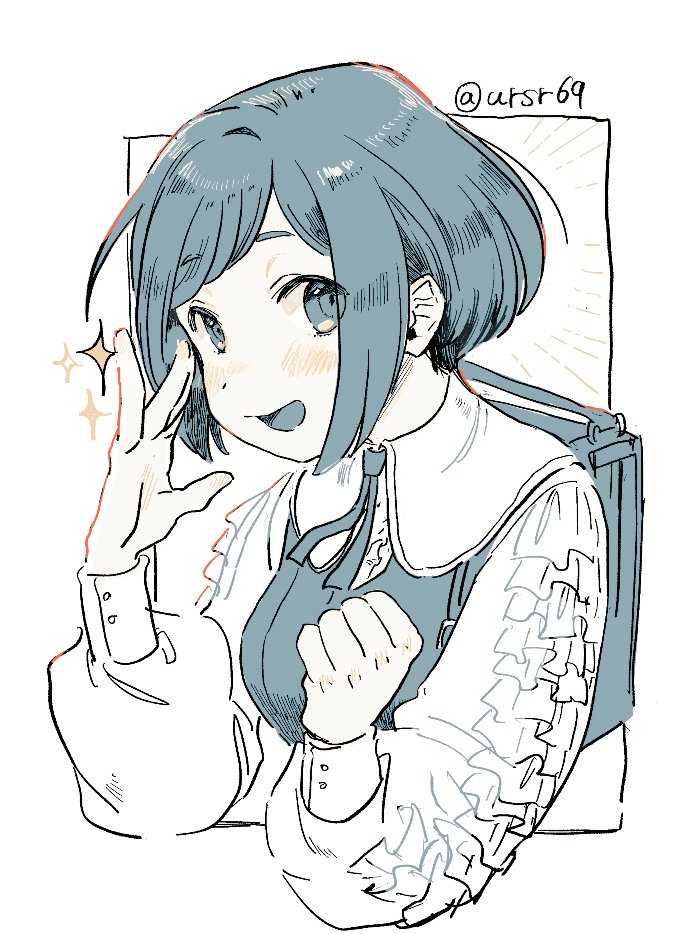 1girl, :d, backpack, bag, blue_eyes, blue_hair, blue_theme, collared_shirt