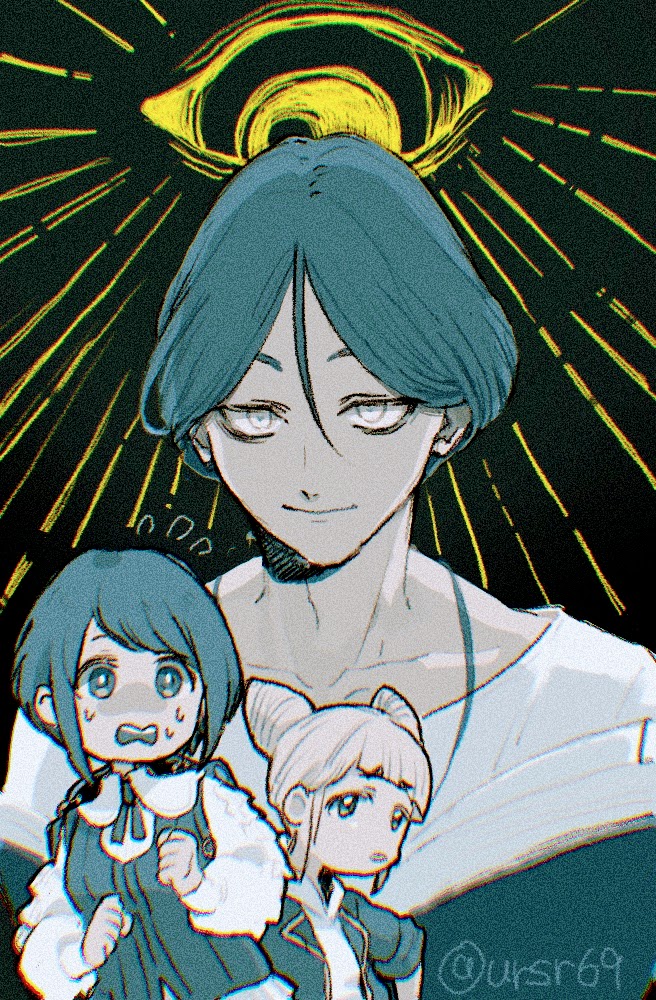 1boy, 2girls, black_background, blue_eyes, blue_hair, chibi, closed_mouth, commentary_request