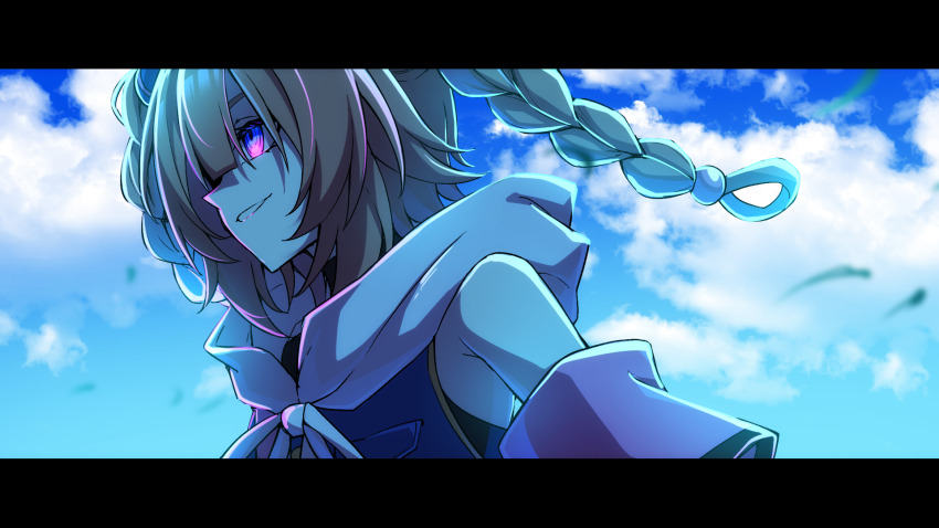 1girl, bare_shoulders, braid, brown_hair, cloud, detached_sleeves, from_side, genderswap