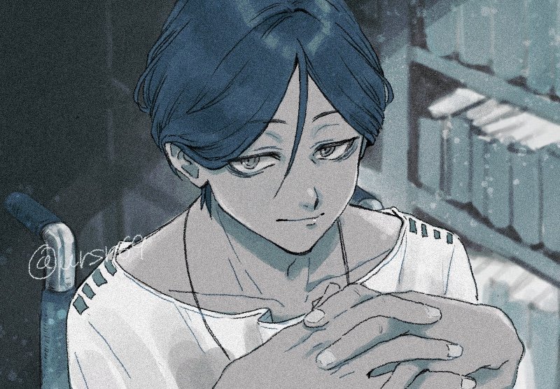 1boy, book, bookshelf, closed_mouth, hair_between_eyes, hands_up, indoors, interlocked_fingers