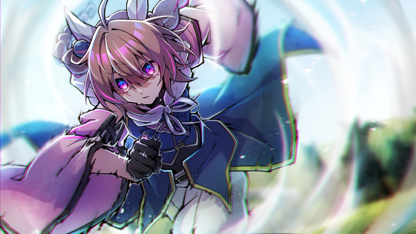 1girl, afterimage, ahoge, black_gloves, blurry, blurry_background, brown_hair, detached_sleeves