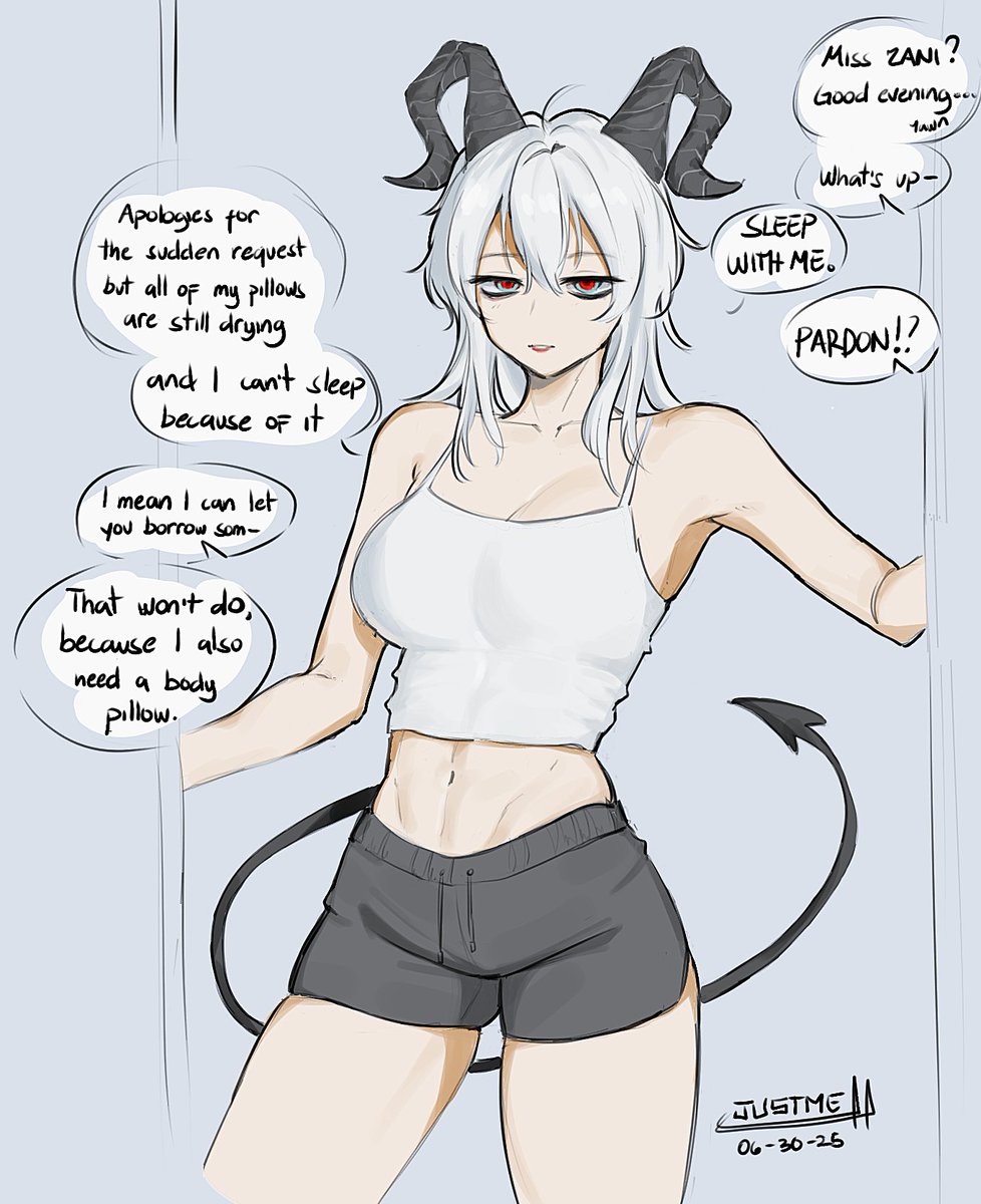 1girl, alternate_costume, bare_shoulders, black_horns, black_shorts, black_tail, breasts, camisole