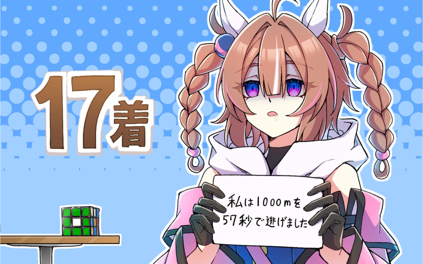 1girl, ahoge, black_gloves, braid, brown_hair, detached_sleeves, drooling, ear_covers