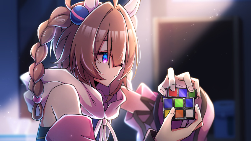 1girl, ahoge, bare_shoulders, braid, detached_sleeves, expressionless, from_side, genderswap, genderswap_(mtf), hair_intakes, highres, meisho_tabaru_(racehorse), original, personification, purple_eyes, rubik's_cube, rurisuke, solo, umamusume, upper_body