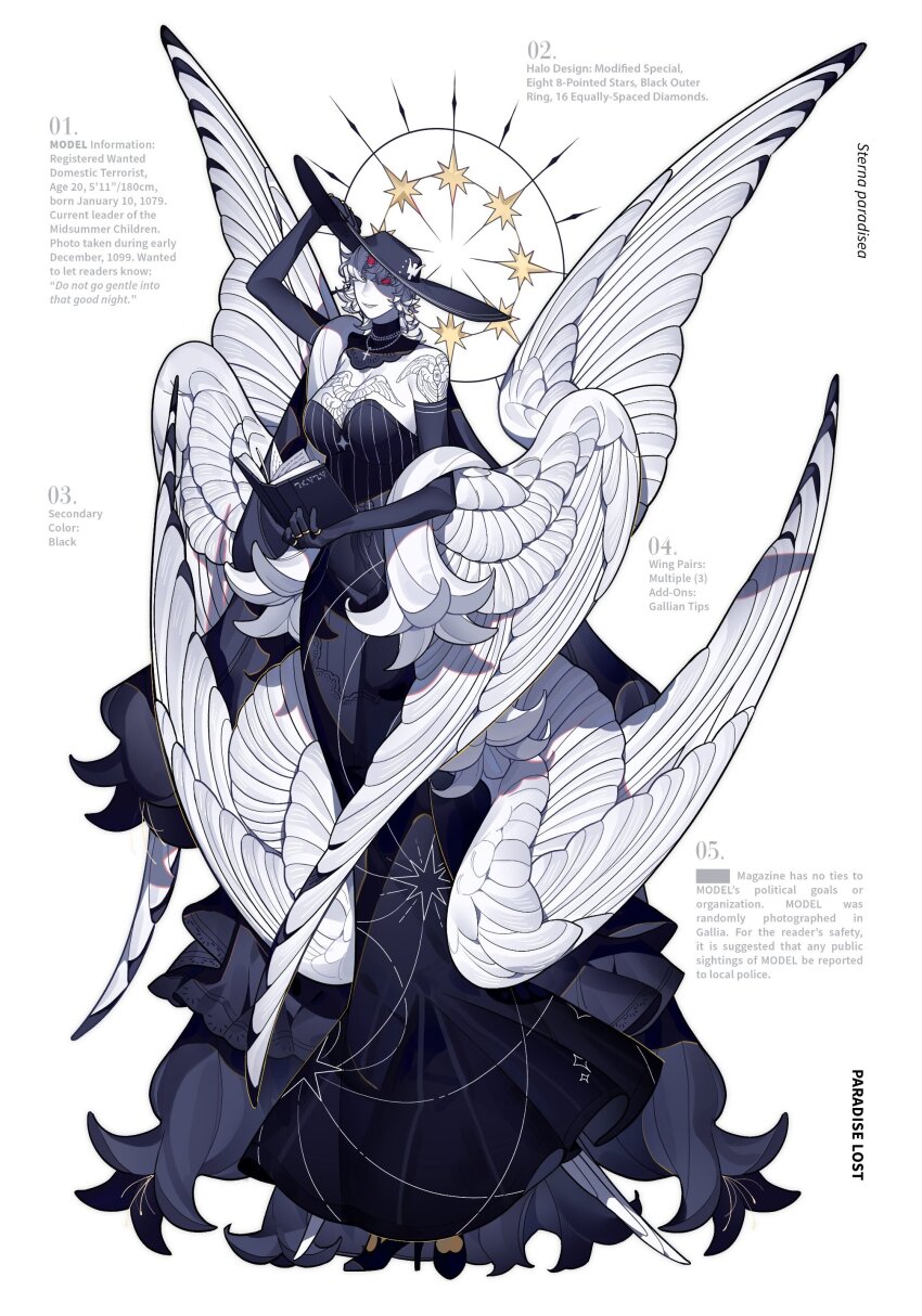 1girl, absurdres, angel, angel_print, angel_tattoo, angel_wings, arm_tattoo, arm_up