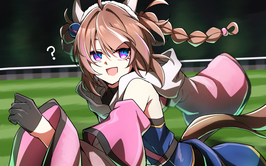 1girl, :d, ?, ahoge, bare_shoulders, black_gloves, braid, brown_hair, detached_sleeves, ear_covers, genderswap, genderswap_(mtf), gloves, hair_intakes, highres, horse_racing_track, looking_at_viewer, meisho_tabaru_(racehorse), multicolored_hair, open_mouth, original, personification, pink_hair, running, rurisuke, smile, solo, streaked_hair, umamusume, white_hair