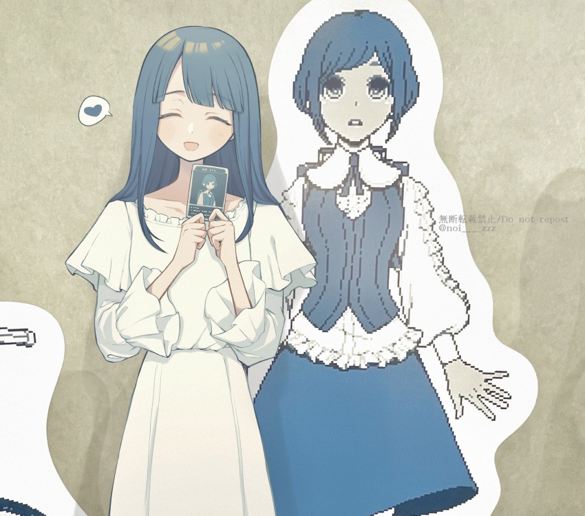 1girl, :d, ^_^, blue_hair, card, cardboard_cutout, closed_eyes, commentary_request, dress, frilled_shirt, frills, fukurai_azami, hands_up, heart, highres, holding, holding_card, long_hair, long_sleeves, noi_(noi_pk27), open_mouth, photo_background, sato_mio, shirt, short_hair, smile, spoken_heart, standing, toshi_densetsu_kaitai_center, white_dress