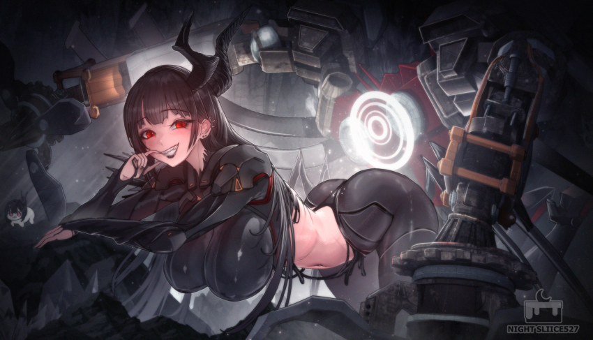 1girl, armor, artist_logo, ass, behemoth_(nikke), black_bodysuit, black_hair, black_horns