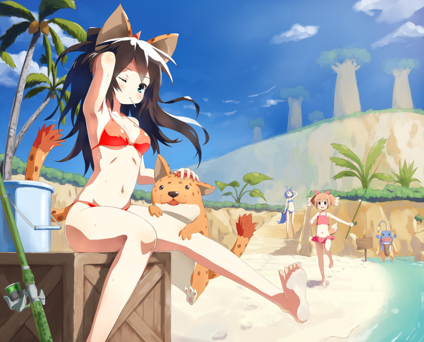 3girls, animal_ears, balulu_alma, barefoot, beach, bikini, black_hair, blue_eyes
