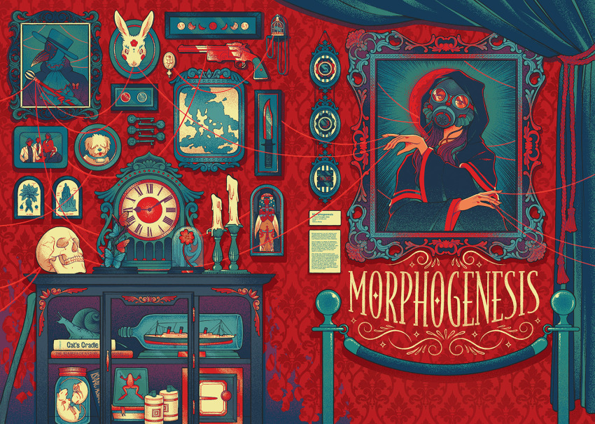 1girl, 1other, 4boys, alice_(kyokugen_dasshutsu), analog_clock, bird, birdcage, book