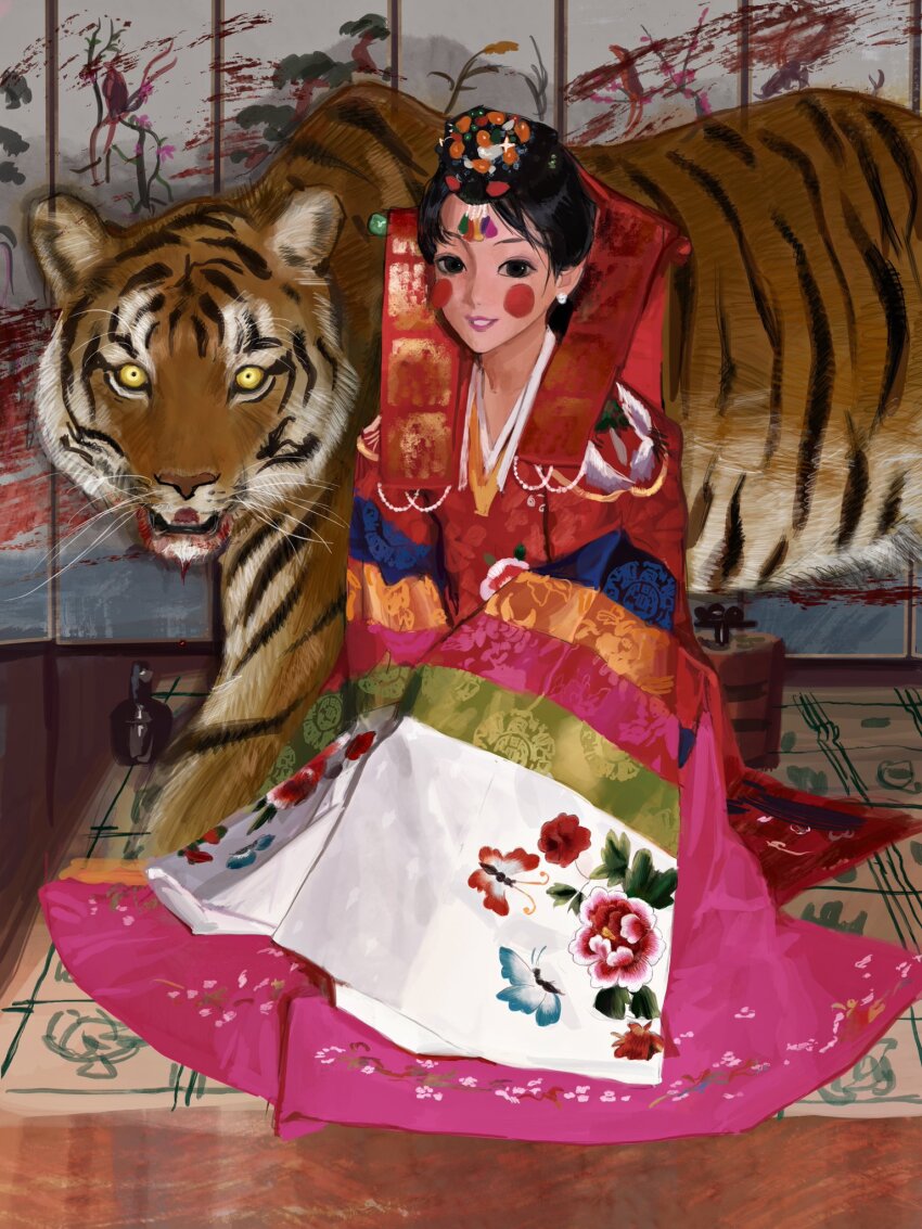 1girl, animal, bingi, black_eyes, black_hair, blood, blood_from_mouth, blood_on_wall