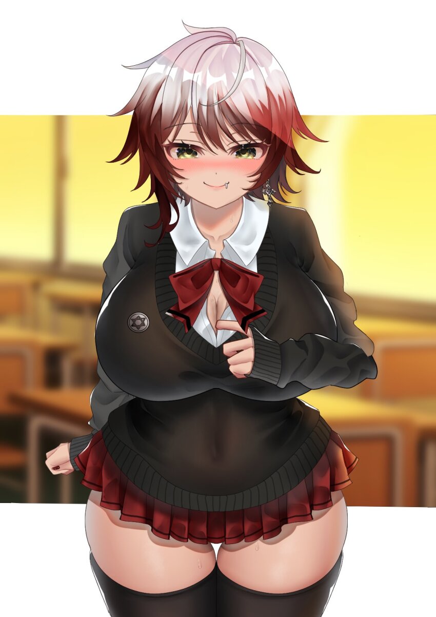 1girl, black_sweater, black_thighhighs, blurry, blurry_background, blush, bow, bowtie, breasts, brown_hair, classroom, cleavage, covered_navel, earrings, face_piercing, gradient_hair, green_eyes, grey_hair, highres, indie_virtual_youtuber, jewelry, large_breasts, lip_piercing, miniskirt, multicolored_hair, piercing, red_bow, red_bowtie, red_skirt, ruru912, savii_(vtuber), school_uniform, shadow, skirt, sleeves_past_wrists, solo, sweater, thigh_gap, thighhighs, virtual_youtuber