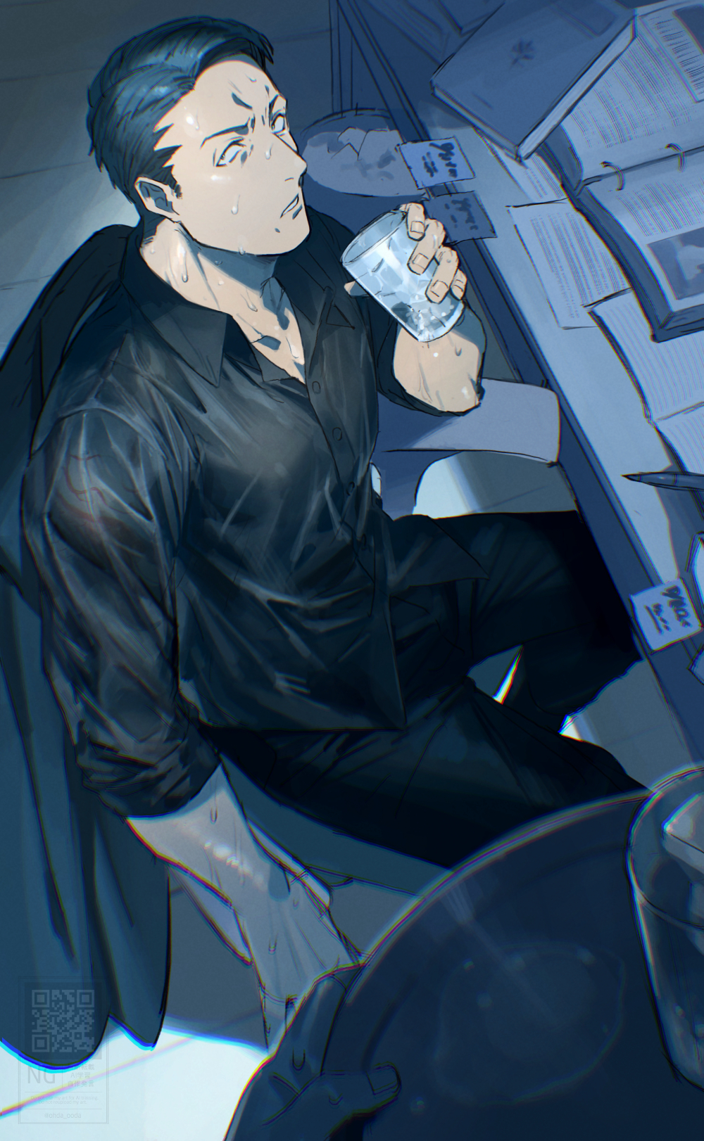 1boy, 1other, black_pants, black_shirt, blue_hair, book, collared_shirt, commentary_request, cup, desk, drinking_glass, from_above, furrowed_brow, hand_up, highres, holding, holding_cup, holding_tray, looking_at_viewer, male_focus, matsuda_ryota, pants, paper, pov, saida_(ohda_ooda), sanpaku, shirt, short_hair, sitting, solo_focus, sweat, toshi_densetsu_kaitai_center, tray, wet, wet_clothes, wet_shirt