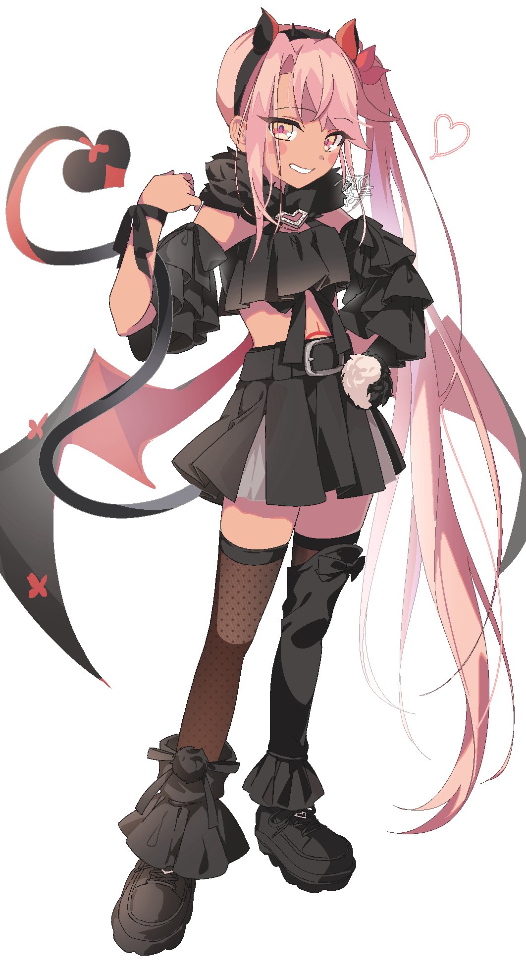 1girl, akaneko016, bare_shoulders, black_boots, black_skirt, black_thighhighs, blush, boots