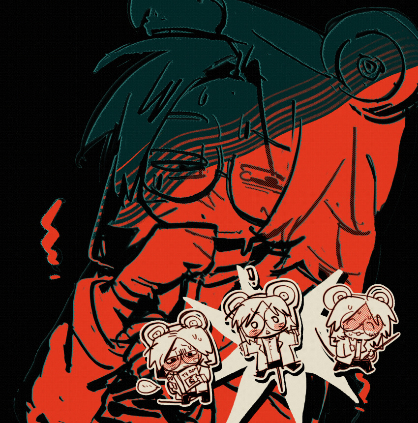 1boy, animal_hat, black_background, chibi, coat, cocobolo64588, glasses, hat