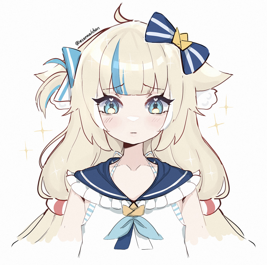1girl, ahoge, animal_ear_fluff, animal_ears, blonde_hair, blue_eyes, blush, closed_mouth