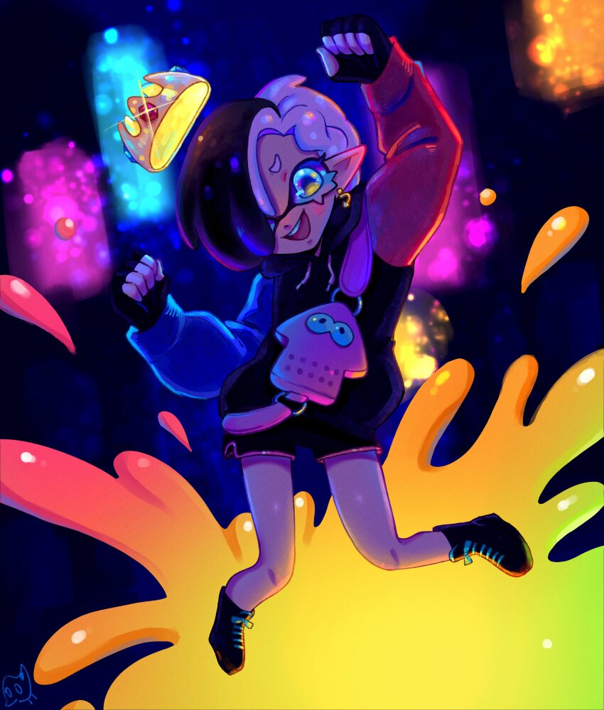 1girl, absurdres, androgynous, arm_up, black_gloves, black_hair, black_shoes, black_shorts