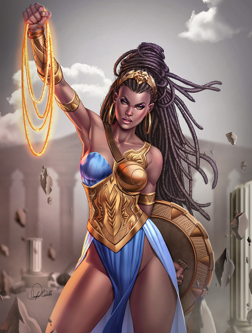 1girl, arm_up, armlet, brown_eyes, brown_hair, dark-skinned_female, dark_skin, dc_comics