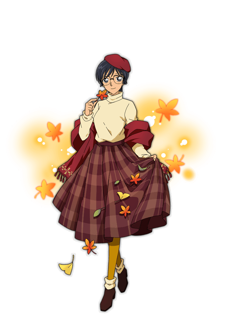 1girl, autumn, black-framed_eyewear, black_hair, blue_eyes, brown_shoes, closed_mouth, falling_leaves