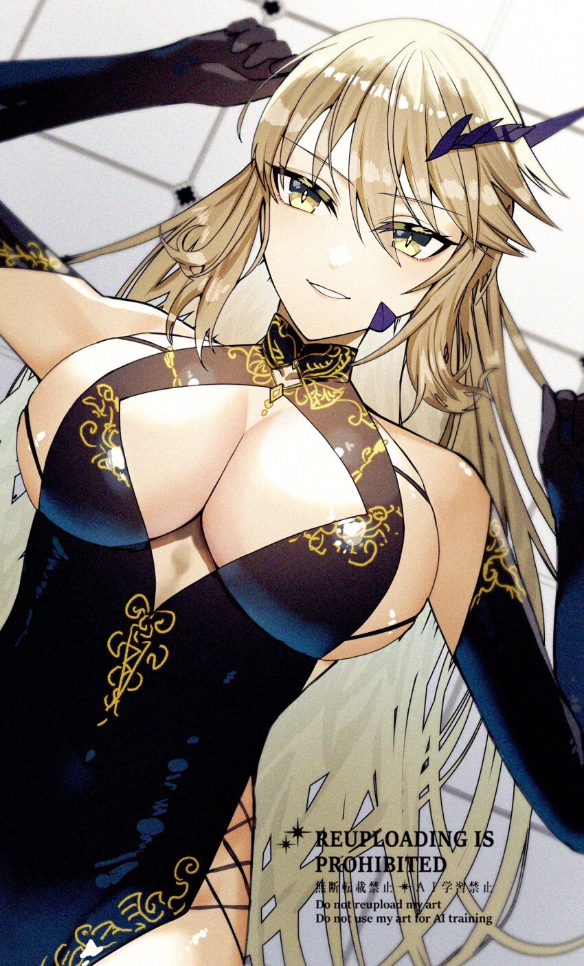 1girl, artoria_pendragon_(fate), artoria_pendragon_(lancer_alter)_(fate), artoria_pendragon_(celebratory_attire)_(fate), bare_shoulders, black_dress, black_gloves, blonde_hair
