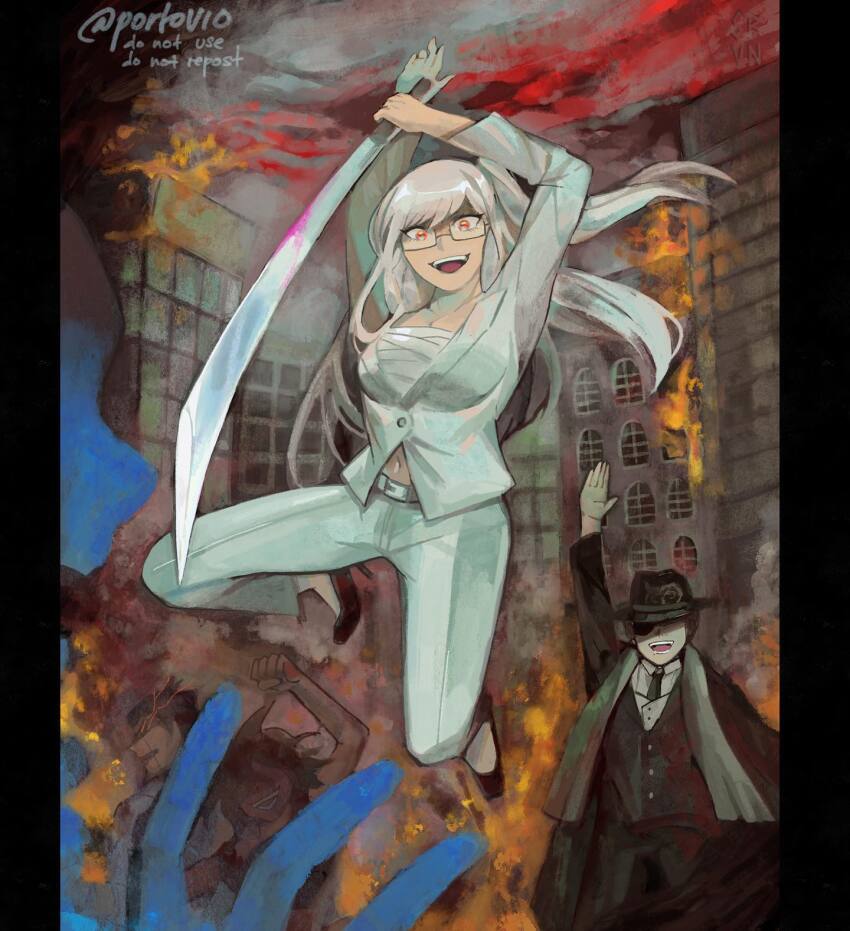 1other, 2boys, 2girls, arm_up, arms_up, black_hat, black_jacket, black_necktie, black_shoes, black_suit, blood, bloody_weapon, building, burning, burning_building, chest_sarashi, city, clenched_hand, commentary, danganronpa_(series), danganronpa_3_(anime), dark_persona, english_commentary, eyelashes, eyepatch, fire, formal_clothes, full_body, glasses, grey_hair, grey_jacket, grey_pants, grey_suit, hat, high_heels, highres, holding, holding_sword, holding_weapon, jacket, kuzuryu_fuyuhiko, long_hair, long_sleeves, midair, multiple_boys, multiple_girls, necktie, nidai_nekomaru, official_alternate_costume, official_alternate_hairstyle, open_mouth, owari_akane, pant_suit, pants, pekoyama_peko, pillarboxed, pink_blood, red_eyes, sarashi, scarf, shirt, shoes, side_ponytail, smile, spoilers, suit, sword, teeth, twitter_username, upper_teeth_only, vio_(portovio), weapon, white_shirt, window