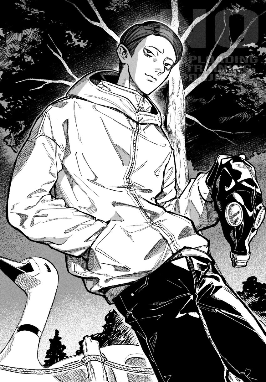 1boy, closed_mouth, commentary_request, feet_out_of_frame, fence, gas_mask, greyscale, hand_in_pocket