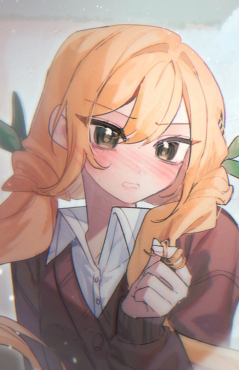 1girl, blonde_hair, blush, breasts, brown_cardigan, cardigan, chi_kan100, collared_shirt