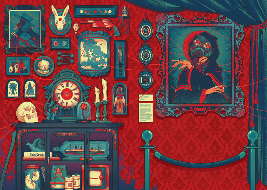 1girl, 1other, 4boys, alice_(kyokugen_dasshutsu), analog_clock, bird, birdcage, book, brooch, bug, butterfly, butterfly_pin, cabinet, cage, candle, candlestand, cloak, clock, clover, coin, commentary, cover, cover_page, covered_face, curtains, dead_animal, dog, english_commentary, english_text, eyelashes, fake_claws, four-leaf_clover, frog, gab_(kyokugen_dasshutsu), gas_mask, gloves, gun, hat, holding, holding_staff, hood, hood_up, hooded_cloak, ichimiya_(kyokugen_dasshutsu), insect, jar, jewelry, key, keycrash, knife, kurashiki_akane, kyokugen_dasshutsu, kyokugen_dasshutsu:_9_jikan_9_nin_9_no_tobira, kyokugen_dasshutsu_adv:_zennin_shibou_desu, long_hair, mask, mouse_(animal), multiple_boys, musashido_kagechika, nijisaki_nagisa, ninth_man_(kyokugen_dasshutsu), picture_frame, plague_doctor_mask, planet, rabbit, roman_numeral, safe_(container), seven-segment_display, ship_in_a_bottle, skull, snail, spoilers, staff, stanchion, string, string_of_fate, textless_version, upper_body, watch, weapon, wide_brim, wristwatch, zero_(kyokugen_dasshutsu), zero_escape:_toki_no_dilemma, zero_ii_(kyokugen_dasshutsu), zero_iii