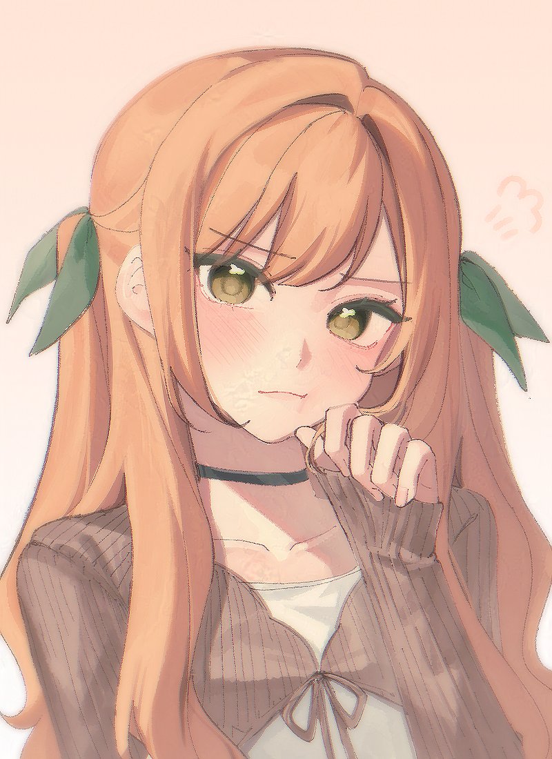 1girl, :t, black_choker, blonde_hair, blush, brown_cardigan, cardigan, casual, chi_kan100, choker, closed_mouth, collarbone, curled_fingers, furrowed_brow, gradient_background, green_eyes, green_ribbon, hair_between_eyes, hair_intakes, hair_ribbon, head_tilt, inda_karane, kimi_no_koto_ga_dai_dai_dai_dai_daisuki_na_100-nin_no_kanojo, long_sleeves, looking_at_viewer, orange_background, parted_bangs, portrait, puff_of_air, ribbed_cardigan, ribbon, shirt, sleeves_past_wrists, smile, solo, twirling_hair, two_side_up, white_background, white_shirt