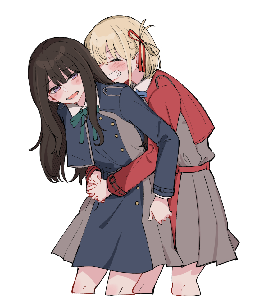 2girls, 6t24413, ^_^, belt, black_hair, blonde_hair, blue_dress, blush, bob_cut, closed_eyes, cowboy_shot, cropped_legs, dress, green_ribbon, grey_dress, grin, hair_ribbon, highres, hug, hug_from_behind, inoue_takina, interlocked_fingers, long_hair, long_sleeves, lycoris_recoil, lycoris_uniform, multiple_girls, neck_ribbon, nishikigi_chisato, one_side_up, open_mouth, own_hands_together, pleated_dress, purple_eyes, red_belt, red_dress, red_ribbon, ribbon, short_hair, simple_background, smile, standing, two-tone_dress, white_background, yuri