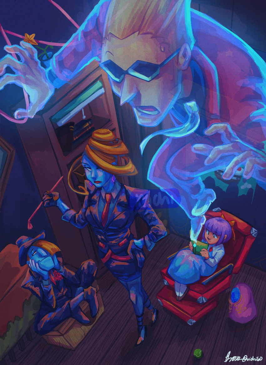 2boys, 2girls, artist_name, ball, beauty_(ghost_trick), black_suit, blonde_hair, blue_skin