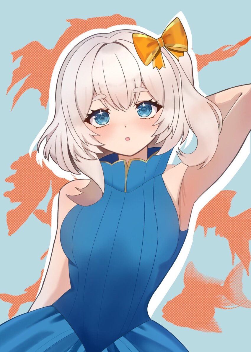 1girl, arm_behind_head, armpit_focus, armpits, blue_dress, blue_eyes, bow, breasts