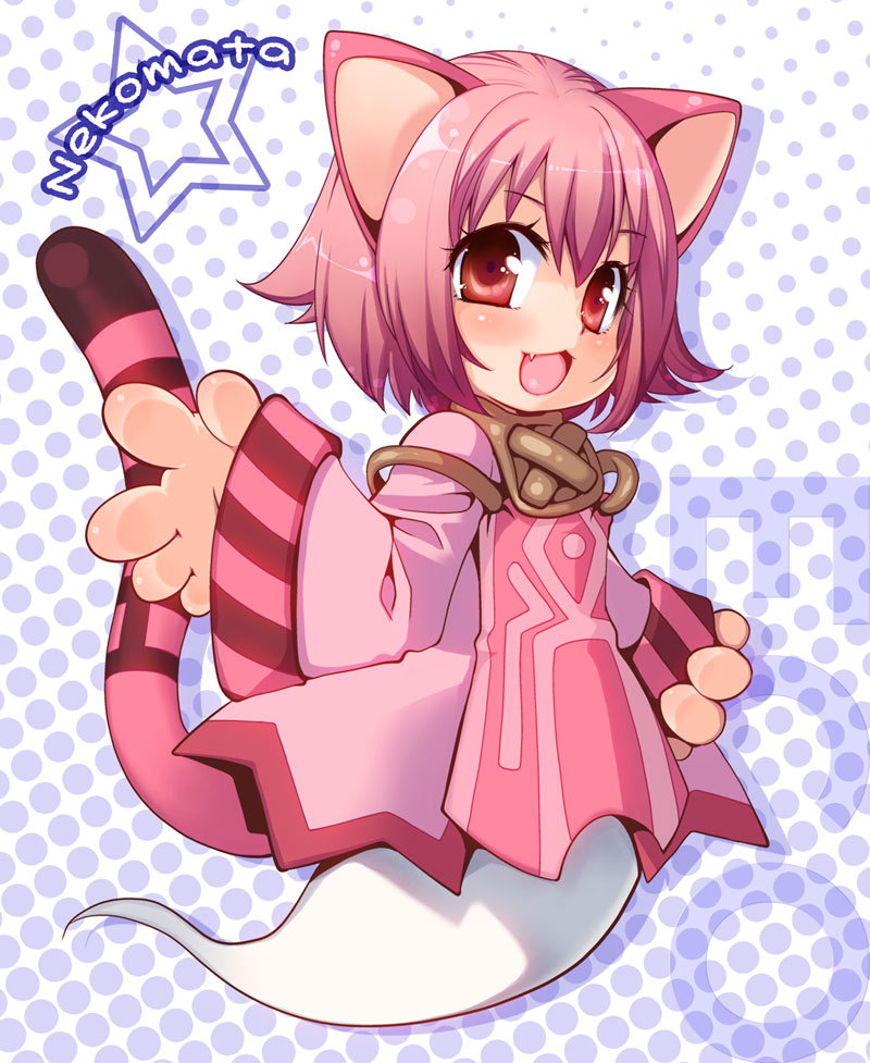 1girl, animal_ears, cat_ears, cat_tail, chiru, dress, emil_chronicle_online, ghost, looking_at_viewer, nekomata, nekomata_momo, open_mouth, pink_dress, pink_eyes, pink_hair, tail