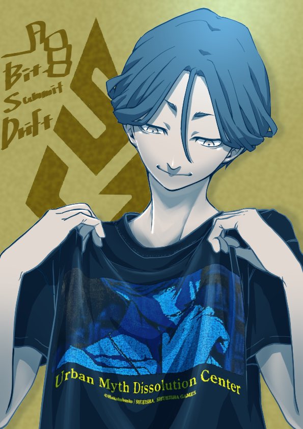 1boy, blue_hair, blue_shirt, character_print, closed_mouth, clothes_writing, commentary_request, copyright_name, hair_between_eyes, hands_up, kikkyawa, looking_down, male_focus, meguriya_ayumu, print_shirt, shirt, short_hair, short_sleeves, smile, solo, t-shirt, toshi_densetsu_kaitai_center, upper_body, yellow_background
