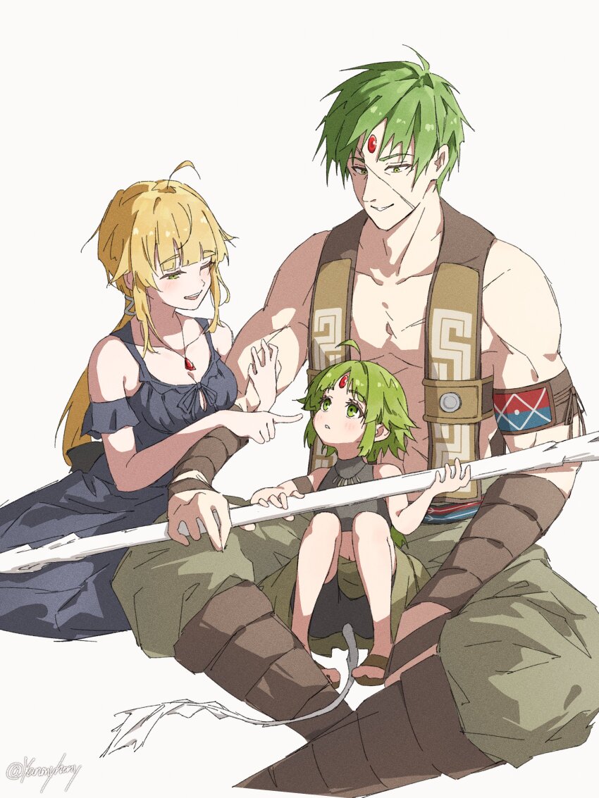1boy, 2girls, absurdres, ahoge, arm_hug, armband, bare_shoulders, black_nightgown, blonde_hair, blunt_bangs, blush, bob_cut, brown_vest, chest_bow, child, crop_top, crossed_legs, double_arm_hug, family, father_and_child, father_and_daughter, forehead_jewel, gem, green_eyes, green_hair, green_pants, highres, holding, holding_polearm, holding_weapon, husband_and_wife, jewelry, knees_up, looking_up, luicelia_superdia, mother_and_child, mother_and_daughter, multiple_girls, muscular, muscular_male, mushoku_tensei, necklace, nightgown, norn_greyrat, one_eye_closed, pants, parent_and_child, parted_bangs, parted_lips, pointing, pointing_at_another, polearm, ponytail, ruijerd_superdia, scar, scar_on_face, sidelocks, sitting, sitting_between_legs, smile, tail, vest, weapon, white_background, yanmyhony