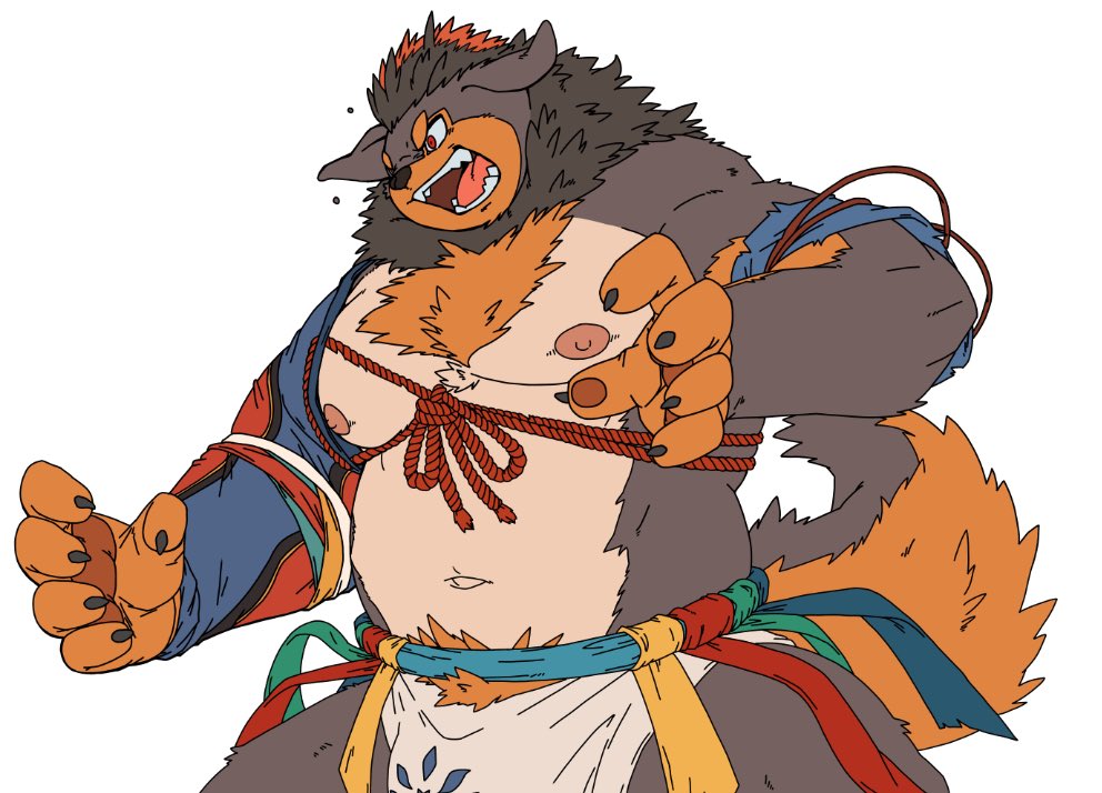 1boy, angry, animal_ears, belly, biceps, brown_fur, bulge, claws, commentary_request, dog_boy, dog_ears, animal_nose, dog_tail, fundoshi, furry, furry_male, iwakuma7, japanese_clothes, korean_commentary, looking_to_the_side, male_focus, multicolored_fur, muscular, muscular_male, navel, nipples, orange_fur, pawpads, pectorals, plump, screaming, tail, tayangsuyi_(xxl), white_background, xxl_woofia