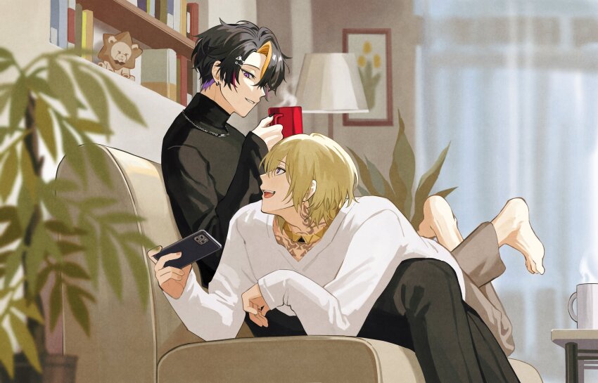 2boys, :d, absurdres, augustus_(luca_kaneshiro), barefoot, black_hair, black_nails, black_pants